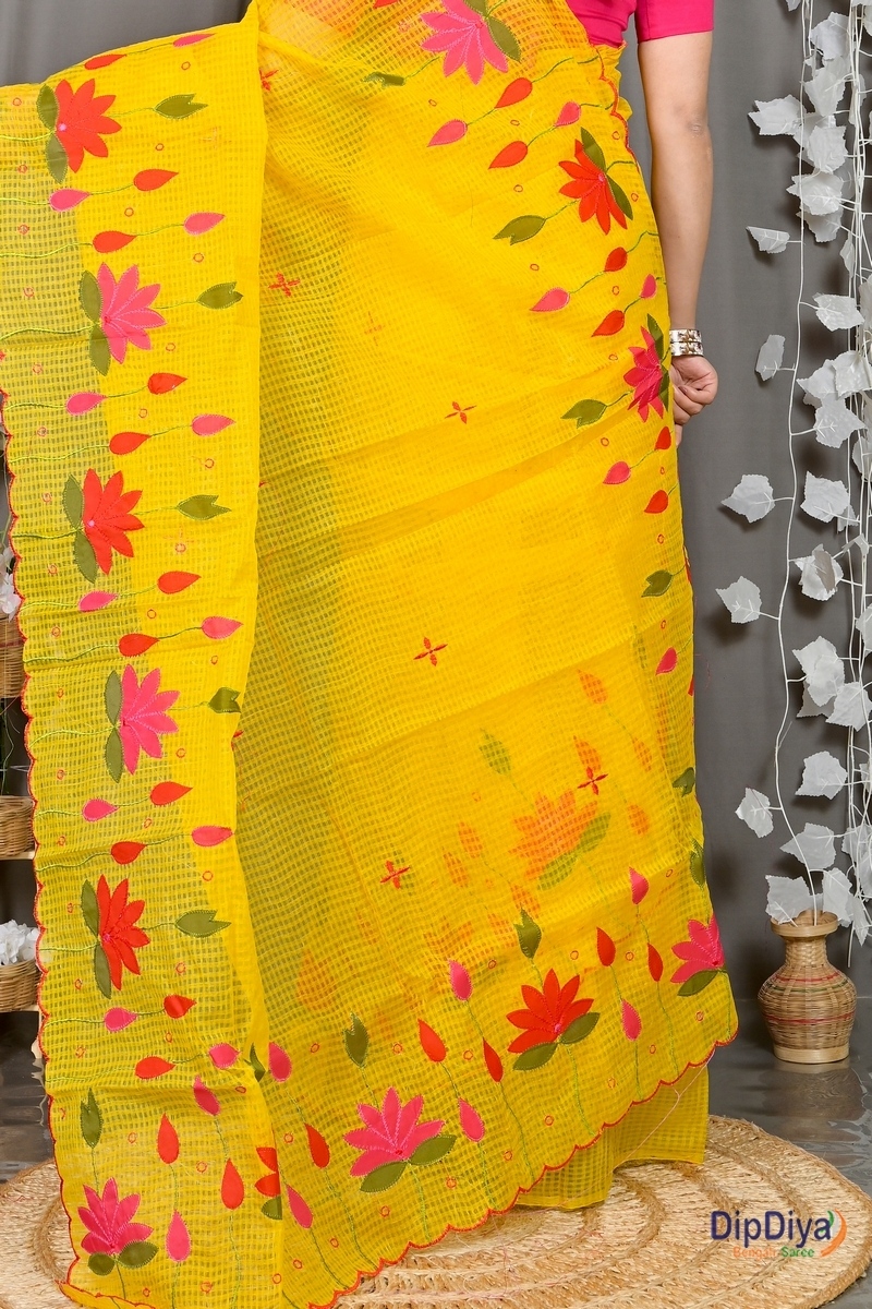 Yellow Kota Cotton Parva Applique Saree (566)